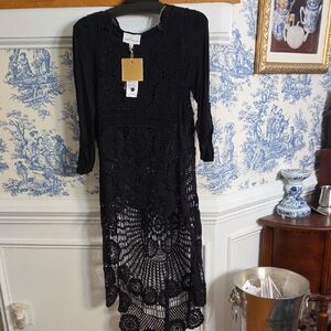 Stylish Black Crochet- Hi-Lo top: To waist in Front, Longer In Back. S
